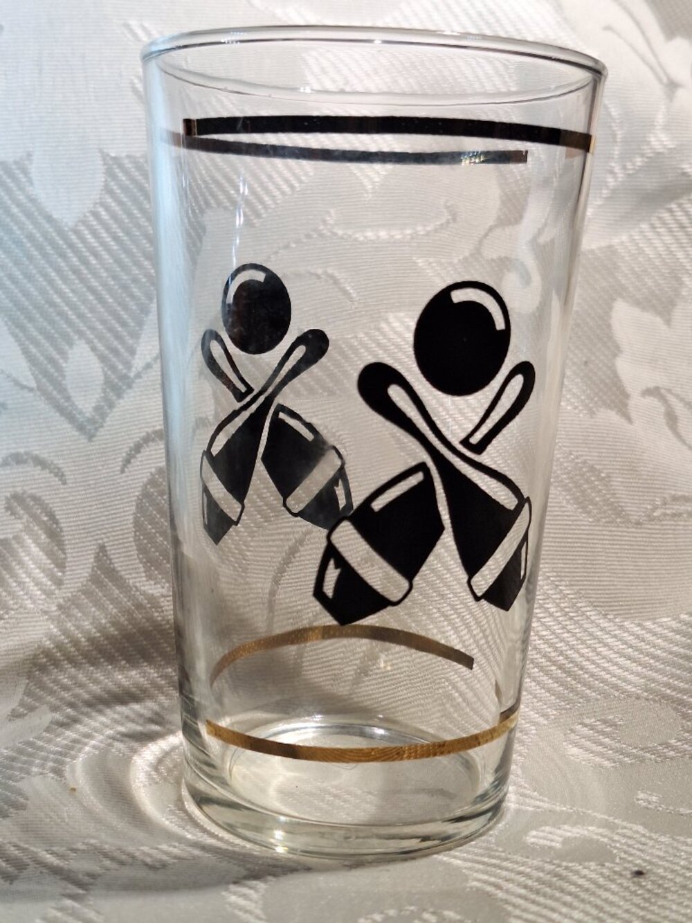 Vintage 1960's 'Federal' Bowling Drinking Glass Bowling Pins Gold Black Barware